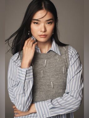 Maeve Embellished Crop Vest & Buttondown Twofer Top